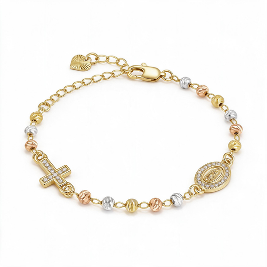 Pulsera Fe Divina · Virgen y Cruz Dorada